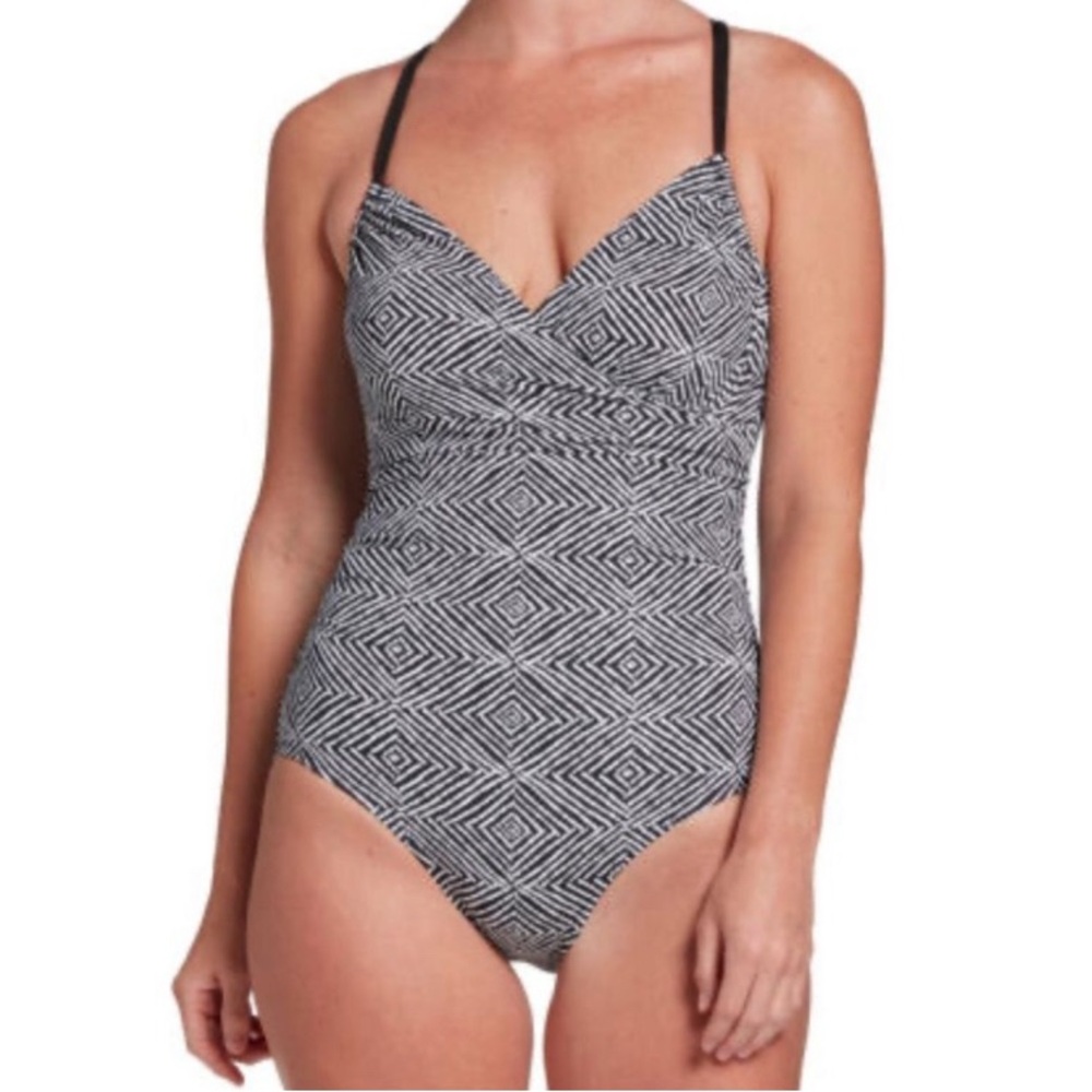Calia by Carrie Underwood Ruched 1 Pc Swimsuit Black White Geo Slimming Monokini